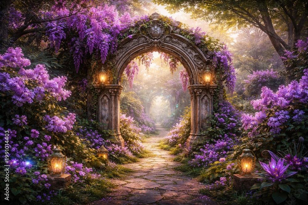 Fototapeta premium Whimsical stone archway in a surreal garden filled with lush lilac bushes and fantasy flora