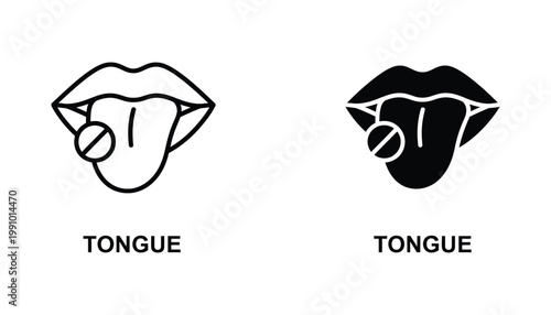 Human tongue and medical mouth health icon set showing oral anatomy in outline and solid black vector styles for dental or clinical branding projects isolated on a clean white background
