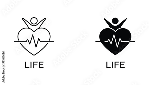 Heart shape with human figure raising arms and vital sign pulse line representing healthy life and wellness concept vector icon