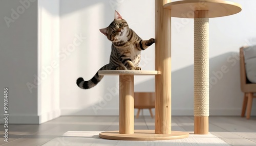 A playful tabby cat climbs a modern wooden cat tree in a sunlit room.
