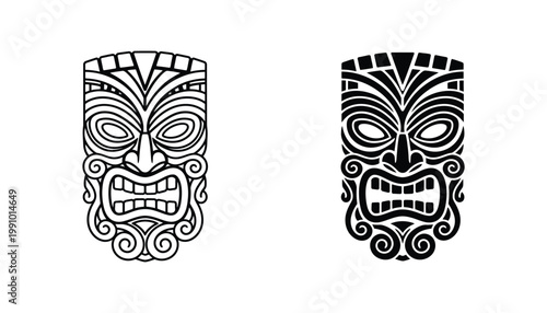 Tiki mask tribal design with intricate patterns for Polynesian culture and tropical vacation branding