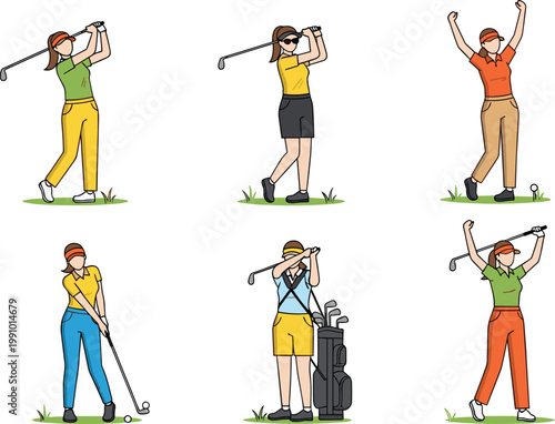 Woman golf player collection featuring female golfers in various poses including swinging winning and carrying bags for sports competition designs