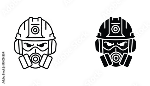 Industrial worker with gas mask and helmet icon set for safety and construction hazard protection in minimalist outline and solid black vector graphic format