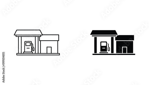 Gas station building icon set representing fuel services or automotive travel in minimalist outline and solid black vector graphic format for transport and industrial design