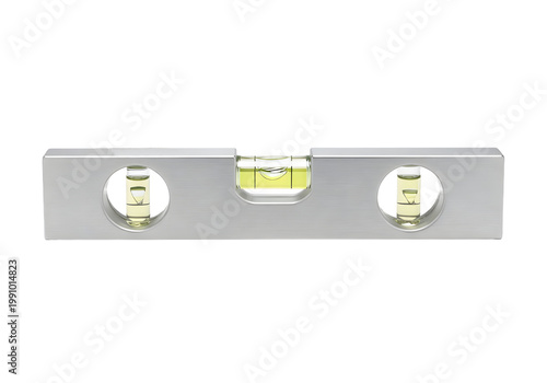 Precise Metal Spirit Level with Visible Bubbles Against a Pure Black Background, Highlighting Accuracy and Tool Design