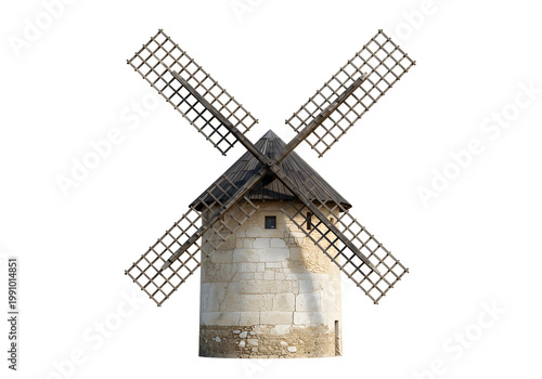 Historic Stone Windmill with Wood Sails on Black Background, Traditional Architecture and Renewable Energy Icon