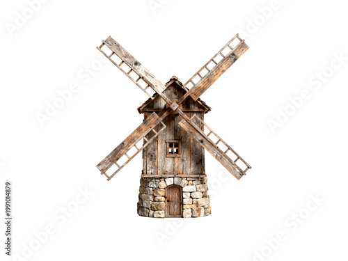 Rustic Windmill on Black Background, Weathered Wood and Stone Structure, Traditional Architecture Isolated