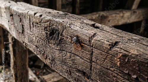 Close-up of old weathered wooden beam with nails and rustic texture