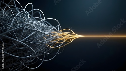 Abstract tangled cables merging into a single glowing line, concept of data simplification and streamlined connectivity, complex wire network to simple path