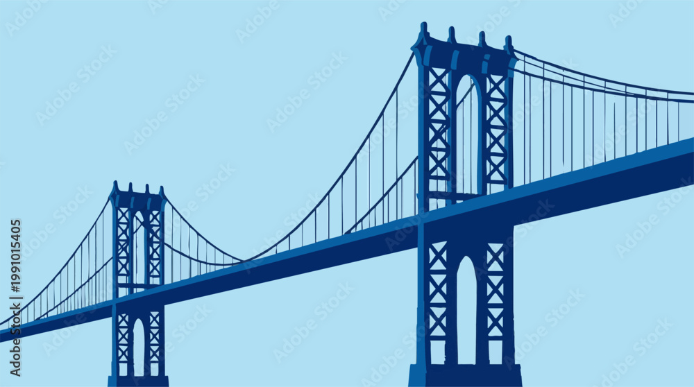 Fototapeta premium Stylized Blue Suspension Bridge Against a Light Blue Sky
