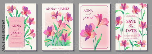 Set of wedding invitation templates with alstroemeria flowers. Elegant botanical cards for romantic ceremony and save the date poster designs. Vector illustration of lily flowers in soft colors