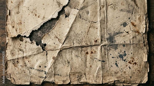 Torn and worn paper texture with dark spots and stains on wooden background