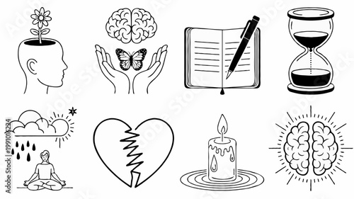 15 Detailed Black Line Mental Health & Mindfulness Vector Icons Set, Hand-Drawn Monochrome Psychology Wellness Self-Care Illustration Collection
