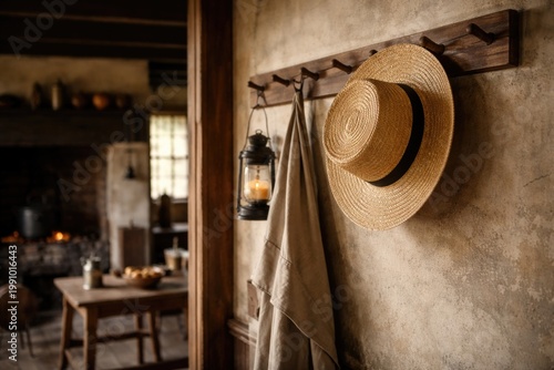 Colonial era home replica featuring Amish straw hat draped on a wooden hook