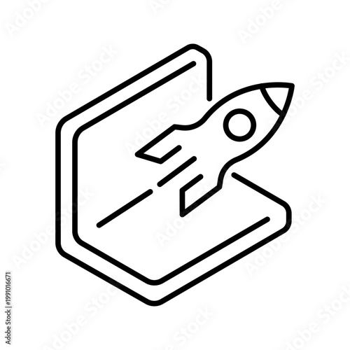 Rocket launch icon. Science and spaceflight line symbol. Black and white.