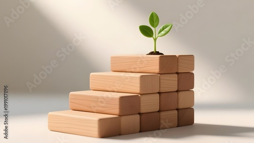Sustainable business growth concept with green plant sprout on wooden block stairs, natural wood steps for career development and financial success
