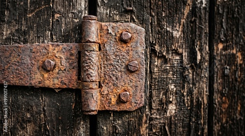Rusty old hinge on a weathered wooden door closeup