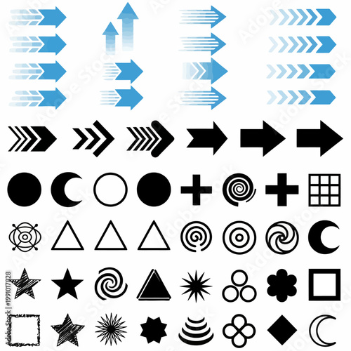 A collection of various geometric shapes and symbols arranged in rows on a white background for graphic design.