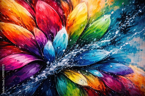 Closeup of vibrant wall painting with petallike shapes and water splash effects