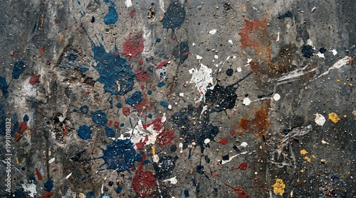 Multicolored paint splatters on a gray concrete surface background