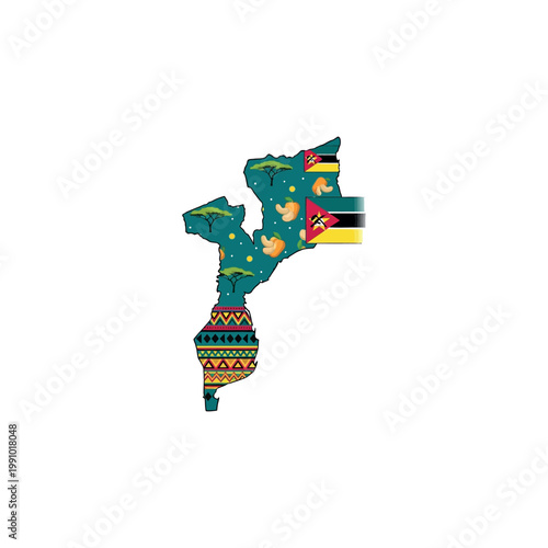 Mozambique map with flag and traditional African patterns illustration