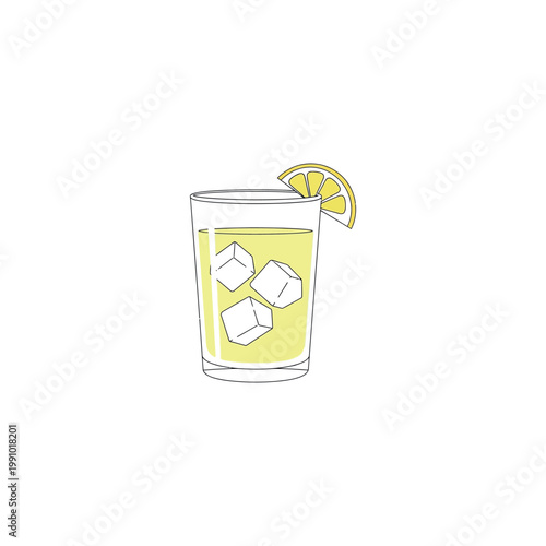 A refreshing glass of lemonade with ice cubes and a lemon slice on the rim.