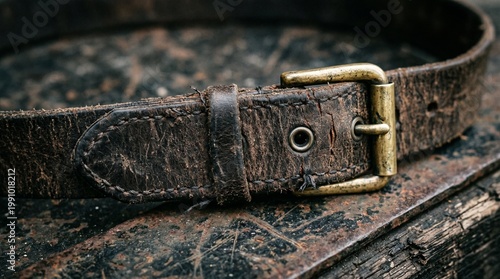 Vintage leather belt with brass buckle on wooden surface