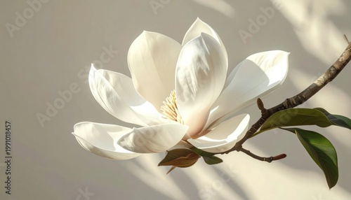 Beautiful White Magnolia Flower Blooming on a Branch in Soft Sunlight.
