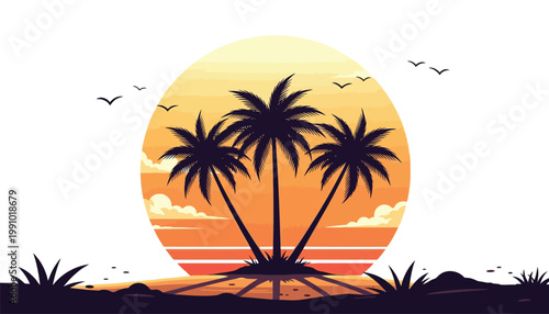 Tropical sunset scene with palm trees and birds flying overhead on a peaceful beach
