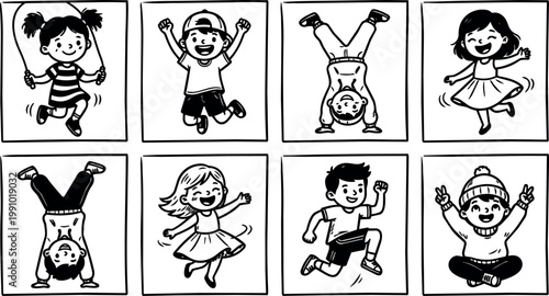 Black and white line art kids jumping handstanding and dancing in squares