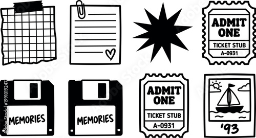 Black and white memory icons with admit one tickets and 93 sailboat polaroid