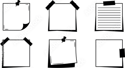 Black and white sticky note vectors with paper tape and push pins