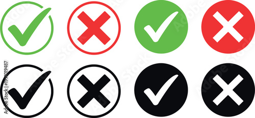 Collection of checkmark and cross symbols in various colors and styles for visual confirmation