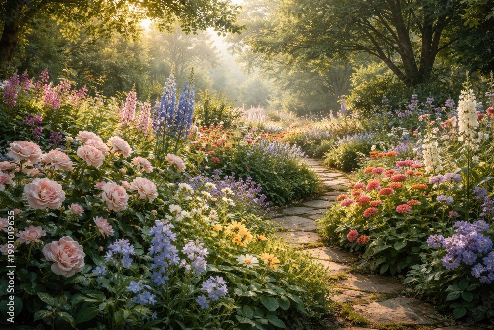 Fototapeta premium Tranquil Floral Garden Showcasing Diverse Blossoms Amidst Peaceful Nature