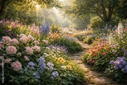 Tranquil Floral Garden Showcasing Diverse Blossoms Amidst Peaceful Nature