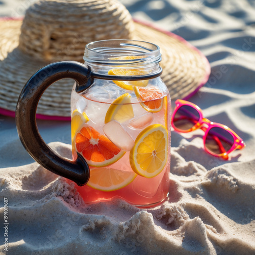 Refreshing drink with fruit on beach sand near sun hat and sunglasses on sunny day