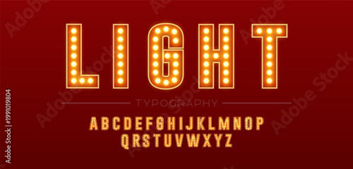 Glowing alphabet typography with light bulbs on red background. Golden retro neon font for headline, signage, poster and display design
