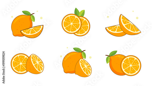 Set of fresh orange fruits and slices. Citrus illustration for healthy food, summer design and organic nutrition