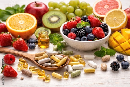 White wood surface featuring fresh fruit and dietary supplements