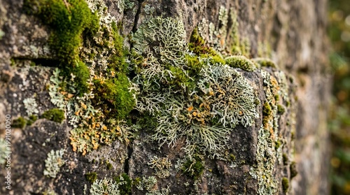 Moss and lichen on tree bark close-up natural texture