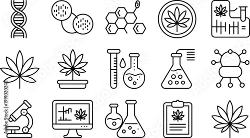 Scientific icons related to cannabis research and laboratory equipment