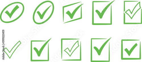 Collection of hand drawn green check mark icons in various shapes and styles representing completion and approval