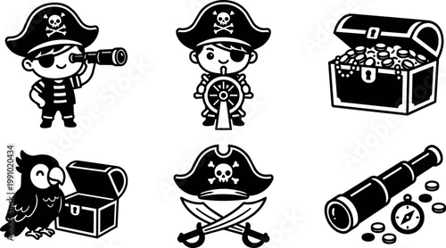 Black and white pirate boy with telescope steering wheel treasure chest and parrot vector art