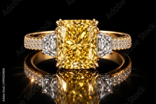 Sophisticated yellow diamond ring featuring radiant accents set against a polished black background for high end jewelry advertising