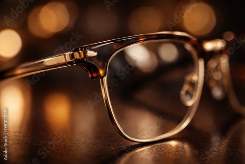 Macro shot of designer eyeglass frame with ambient blurred lights illustrating current eyewear designs