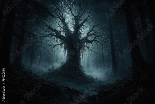 ghostly tree surrounded by thick woodland in nighttime