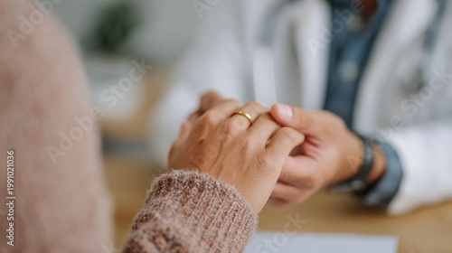 Close-up of a person's hands clasped together in a handshake. the person is wearing a beige sweater and has a gold ring on their finger.