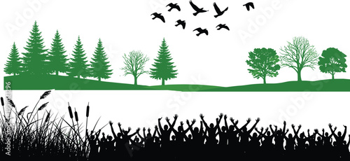 Foto Nature landscape silhouettes set, green forest trees, flying birds, grass reeds,