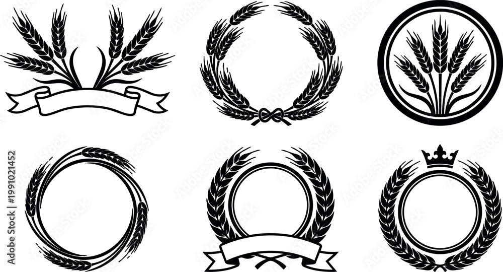 Fototapeta premium Black and white wheat wreaths and ribbons vector art set