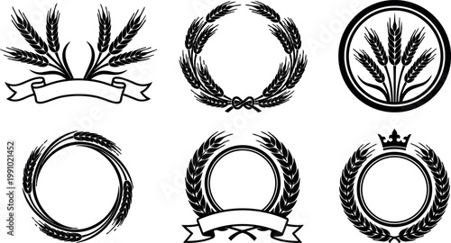 Black and white wheat wreaths and ribbons vector art set